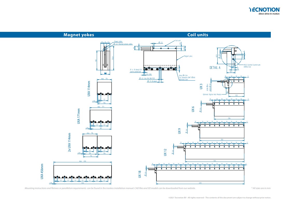UXA Series - Ironless Linear Motors technical drawing